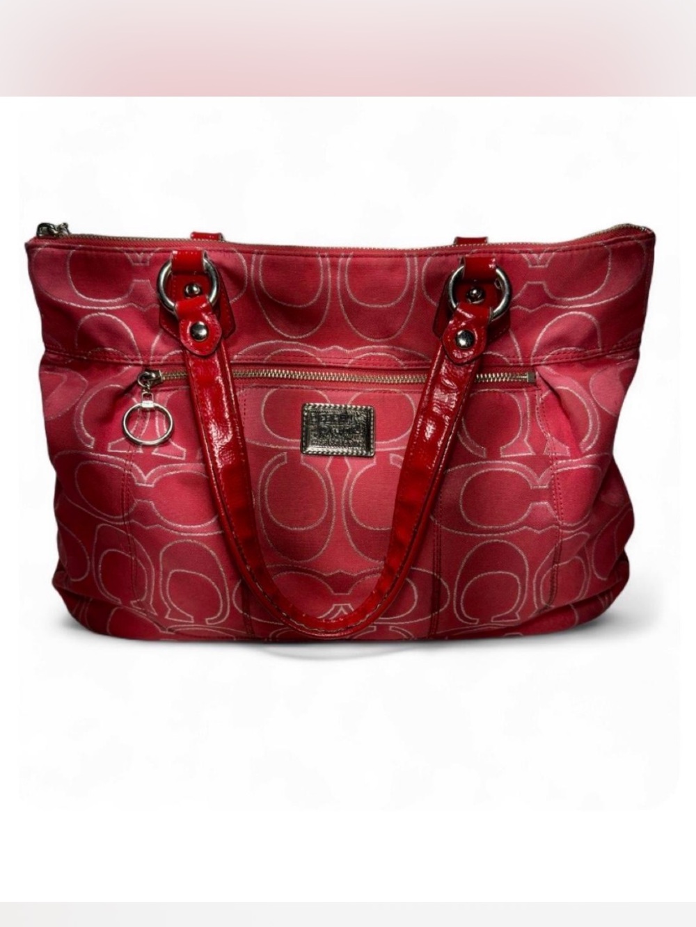 Coach Poppy Signature Lurex Glam Tote Red Silver Patent Leather 17890